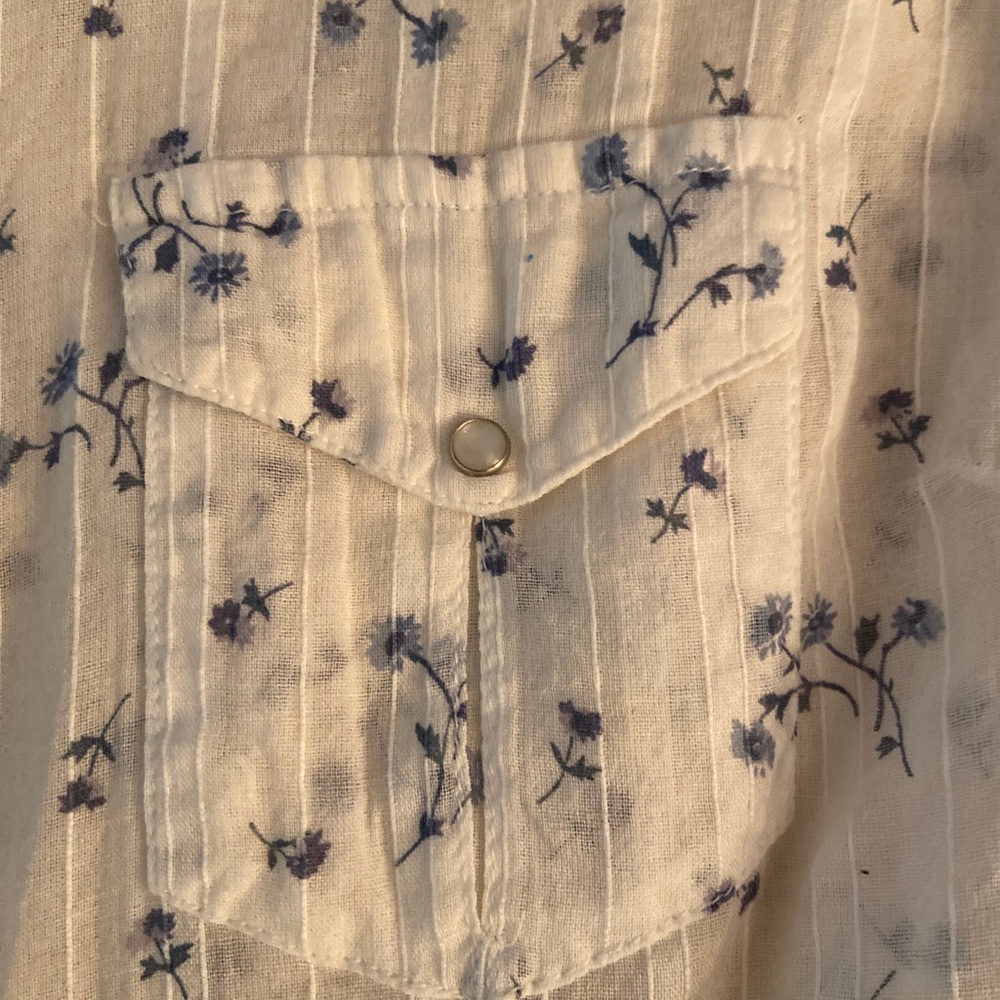 Women’s White Floral Button-Down Shirt with Blue Print